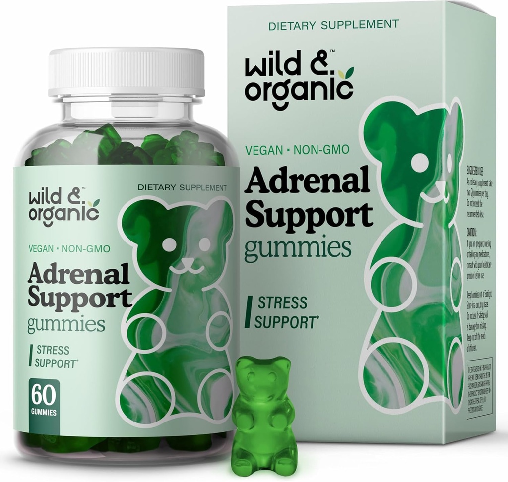 Wild & Organic Adrenal Support Gumies - Pure Adrenal Support Supplements for Women and Men with Ashwagandha Root & Rhodiola Rosea - 60 pektin-based Chews