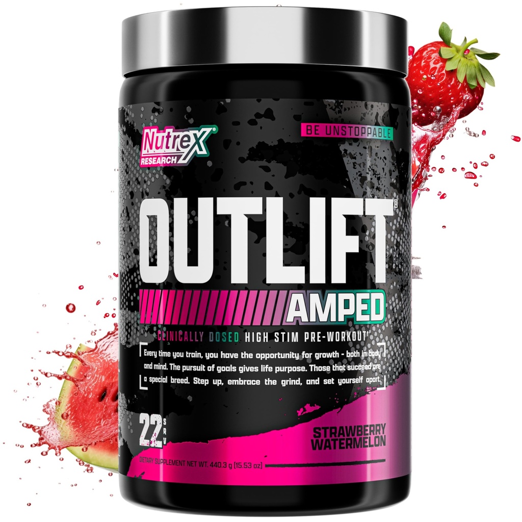 OUTLIFT Amped Max Dosexed VISOKA STIM Pred vadbo Powder 6G Citrulin, 3.2G Beta Alanin, Alpha GPC, CognatiQ, Extreme Energy, Massive Pumps, Elektroliti (Strawberry Watermelon, 22 Servings)