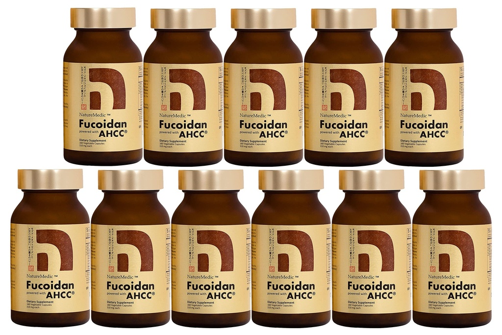 Fucoidan Powered with AHCC® Brown Seaweed Immunitete dodatek z visoko čistostjo Organic Mekabu Mozuku Agaricus 10 steklenice + Free 1 steklenica - 1760 Zelenjavne kapsule, izdelane na Japonskem
