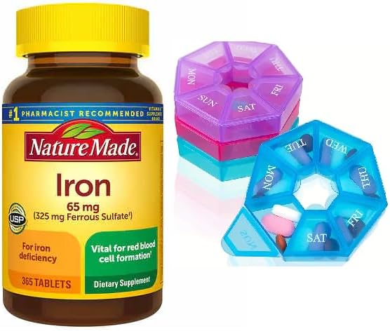 Nature Made Iron 65 mg (325 mg Ferrous Sulfate) Tablets, Dietary Supplement for Red Blood Cell Support, 365 Tablets, 365 Day Supply Bunde with Weekly Pill Organizer