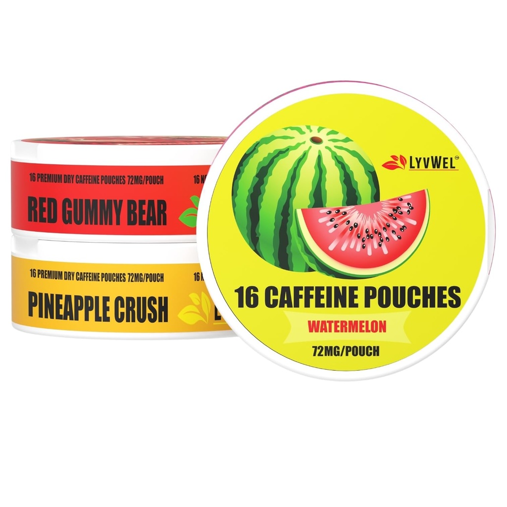 LyvWel 72mg Kofein Energijske vrečke – lubenica, rdeči medved Gummy, Ananas Crush – Juicy čisto energijo z Guarana – 3-Pack (48 skupaj vrečke)