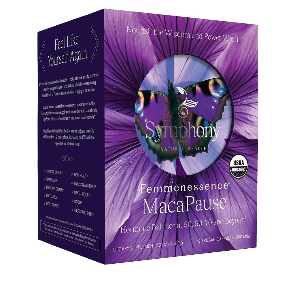 Femmenessence® MacaPause® – klinično dokazano postmenopavzalno dopolnilo za naravno Hormonsko ravnovesje, menopavza Symptom Relief, zdravje kosti in srca, brez dodanih hormonov (120 kapsul, 30 dnevna zaloga)