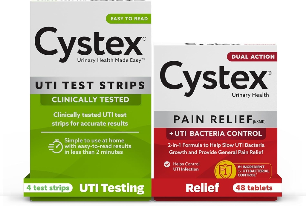 Cystex urinary Tract Infection (UTI) Test Strips + Pain Relief: 4 Testni trakovi in 48 Kapsule Pain Relief Medicine