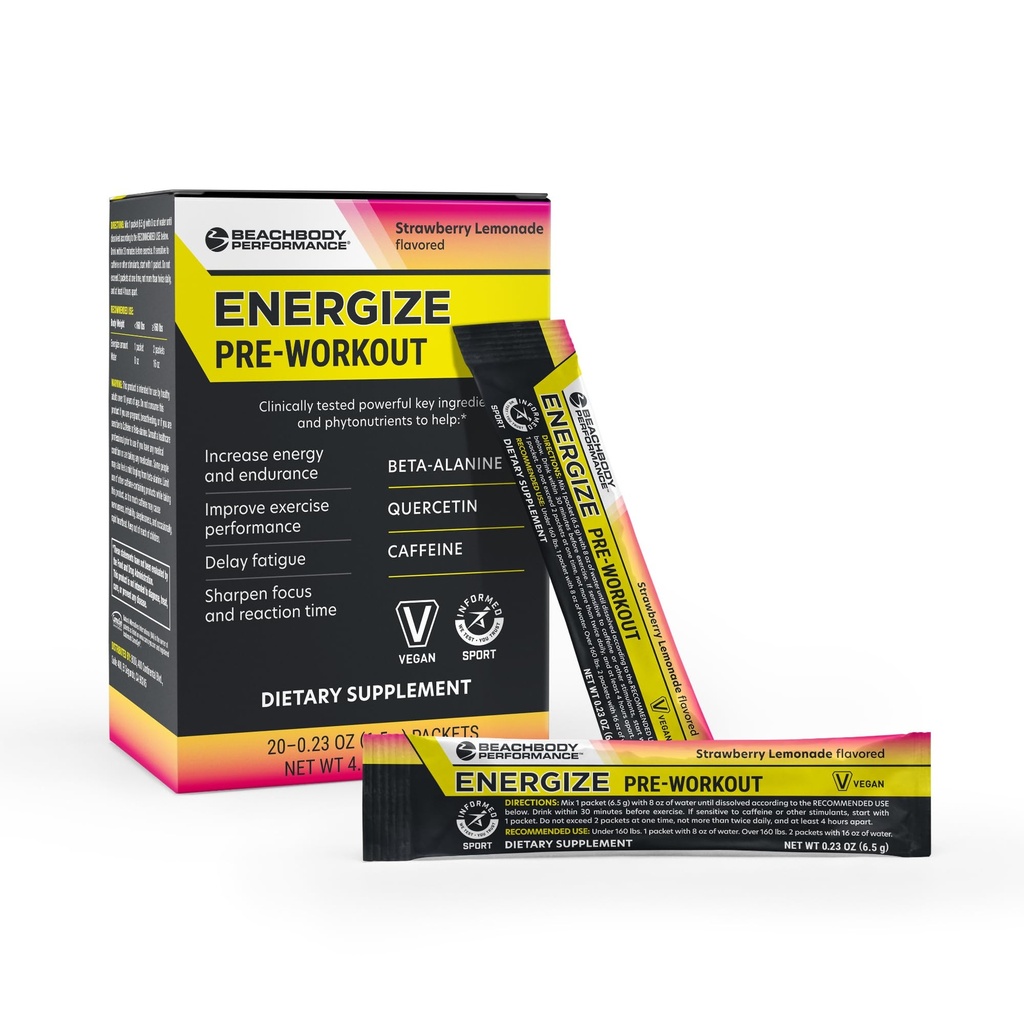 BODi Energize Pre Workout Powder - Beta-Alanin, Quercetin & Nizko-Dose Caffeine Formula za izboljšano energijo in fokus, povečanje energije in vzdržljivosti dodatek, Jagodna limonada arome, 20 palice