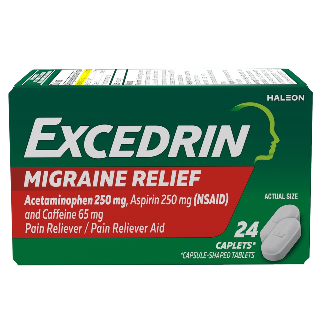 Excedrin Migraine Relief Caplets za simptome migrene, acetataminofen 250mg, Aspirin 250mg, kofein 65mg, bolečina Reliever, 24 Število