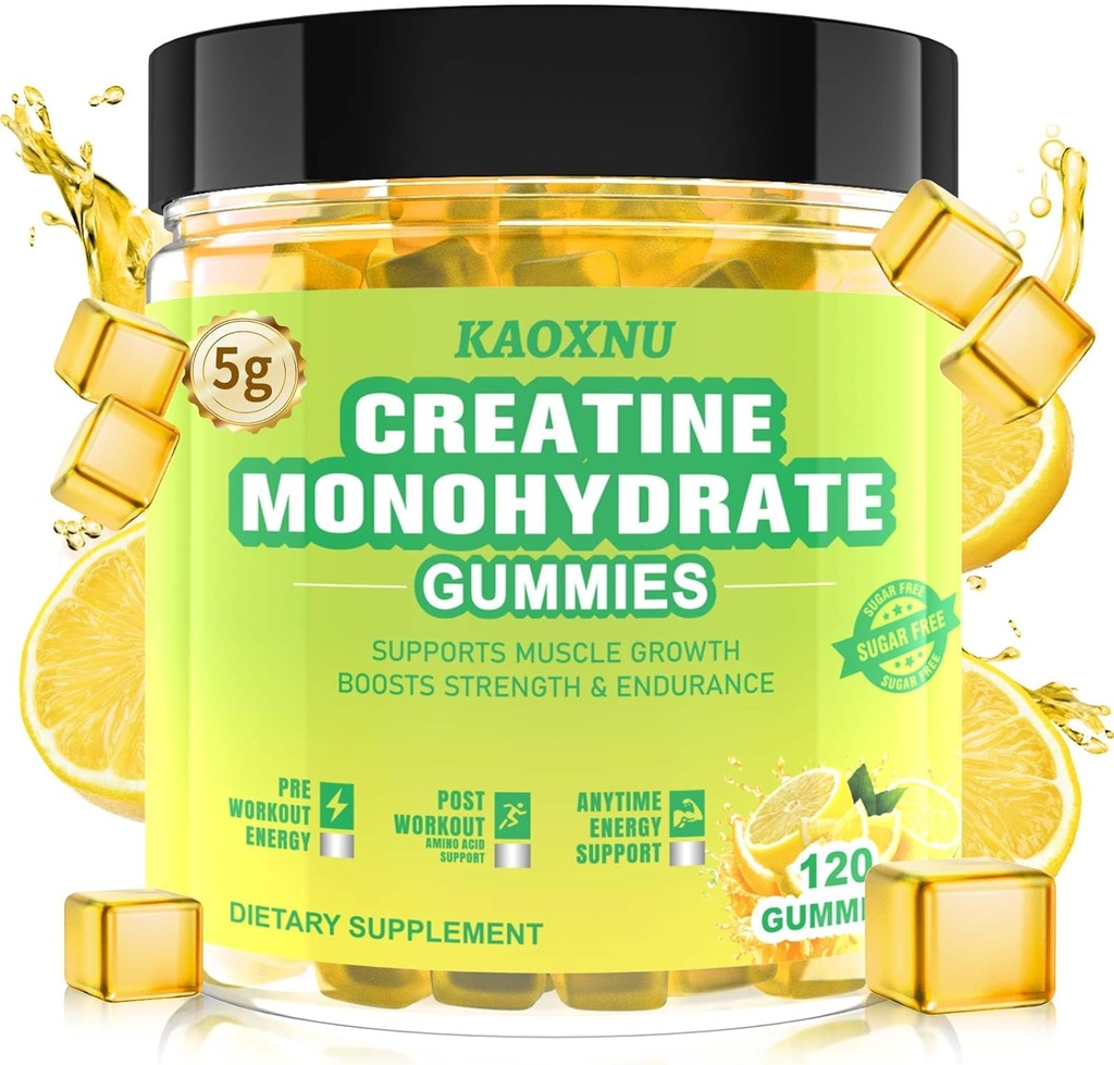 Kreatin monohidrat Gumies 5600mg za moške in ženske, 120 CT Žvečljivi kreatini Gumiji za podporo mišic, energijska okrepitev, 5,6g kreatin monohidrata na serviranje - brez sladkorja, Vegan (Lemon Flavor)