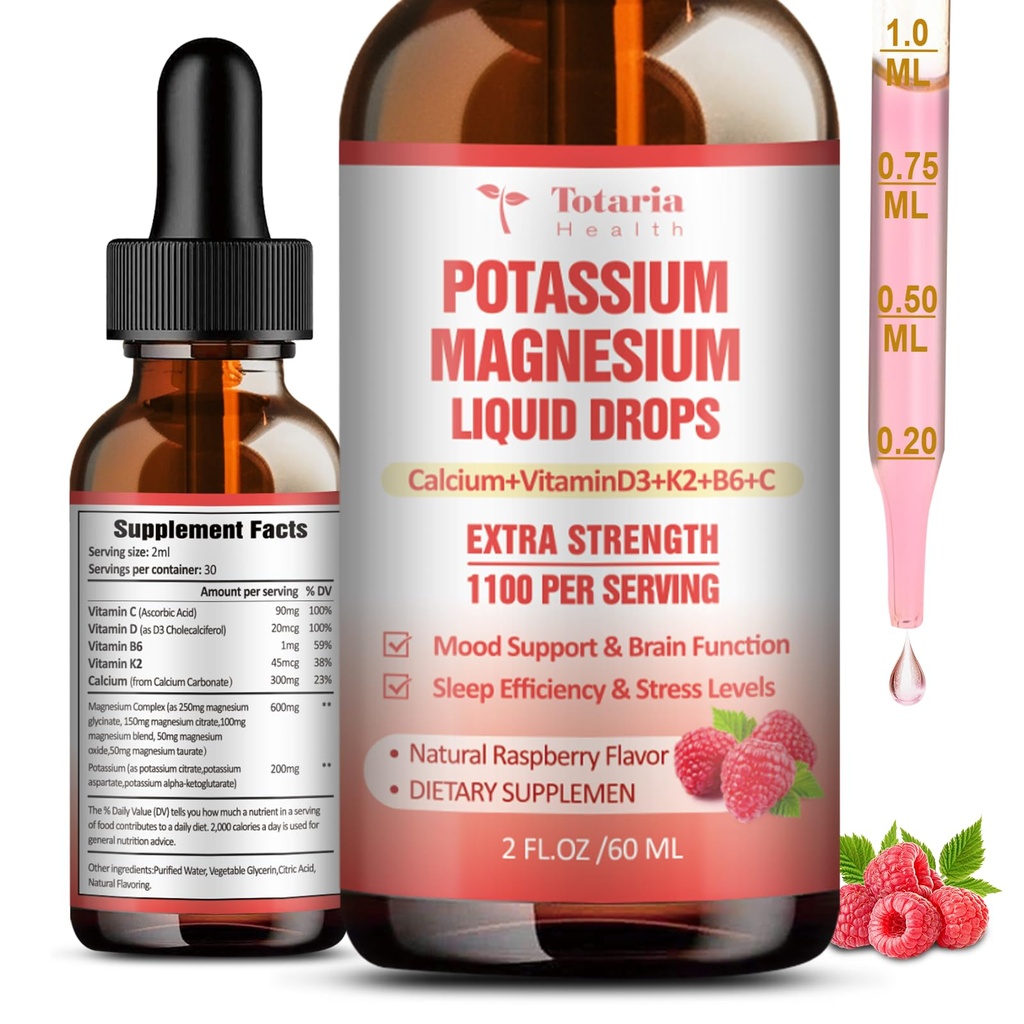 Kalijev magnezijev dodatek tekoče kapljice - visoka absorpcija Kalijev dodatek z magnezijem, kalcij, vitamin D3 K2, Vegan, Non-GMO Potasio Podpora noge Cramps, kost, mišice - 2 Fl oz