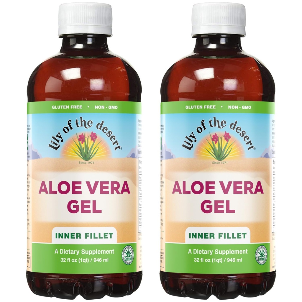 Lily of the Desert Aloe Vera Gel - Notranji filet Thicker Doslednost Aloe Vera Pijte z naravnimi vitamini, Prebavne encime za črevesno zdravje, lajšanje želodca, Wellness, Glowing Skin, 32 Oz (Pack z 2)
