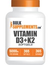 BulkSupplements.com Vitamin D3 + K2 5000 i.e. softgels - D3 K2 Supplement, za imuno zdravje - Gluten Free, 1 Softgel na Serving, 365 Število (Pack of 1)