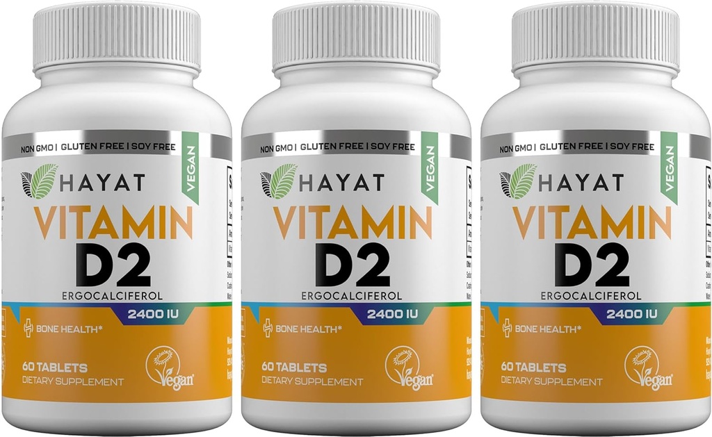 HAYAT Vitamini Vegan Naravni vitamin D 2400 i.e., D2, Certified Halal (paket 3)