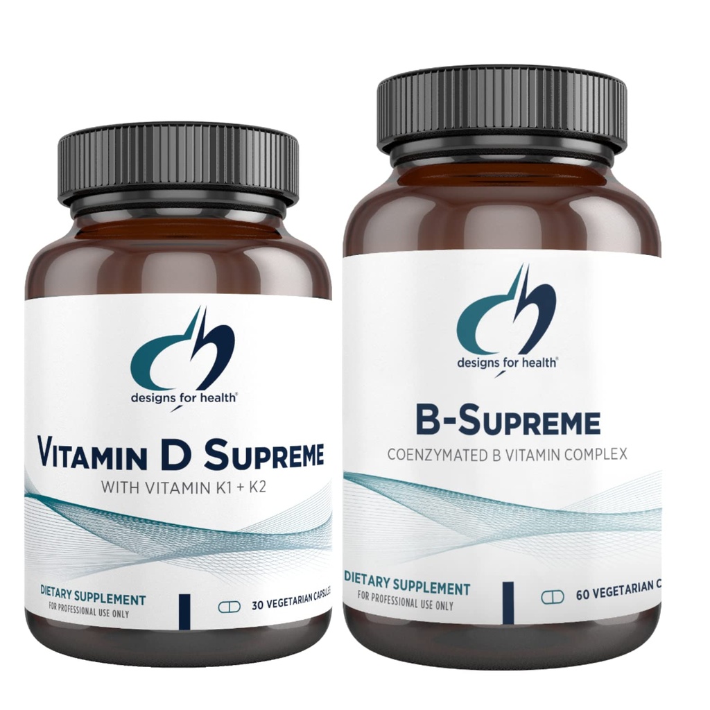 Designs for Health Vitamin D Supreme + B-supreme Essentials Duo - 5000 IU Vitamin D3 + Vitamin K, Aktivni B kompleks (2 Set izdelkov)