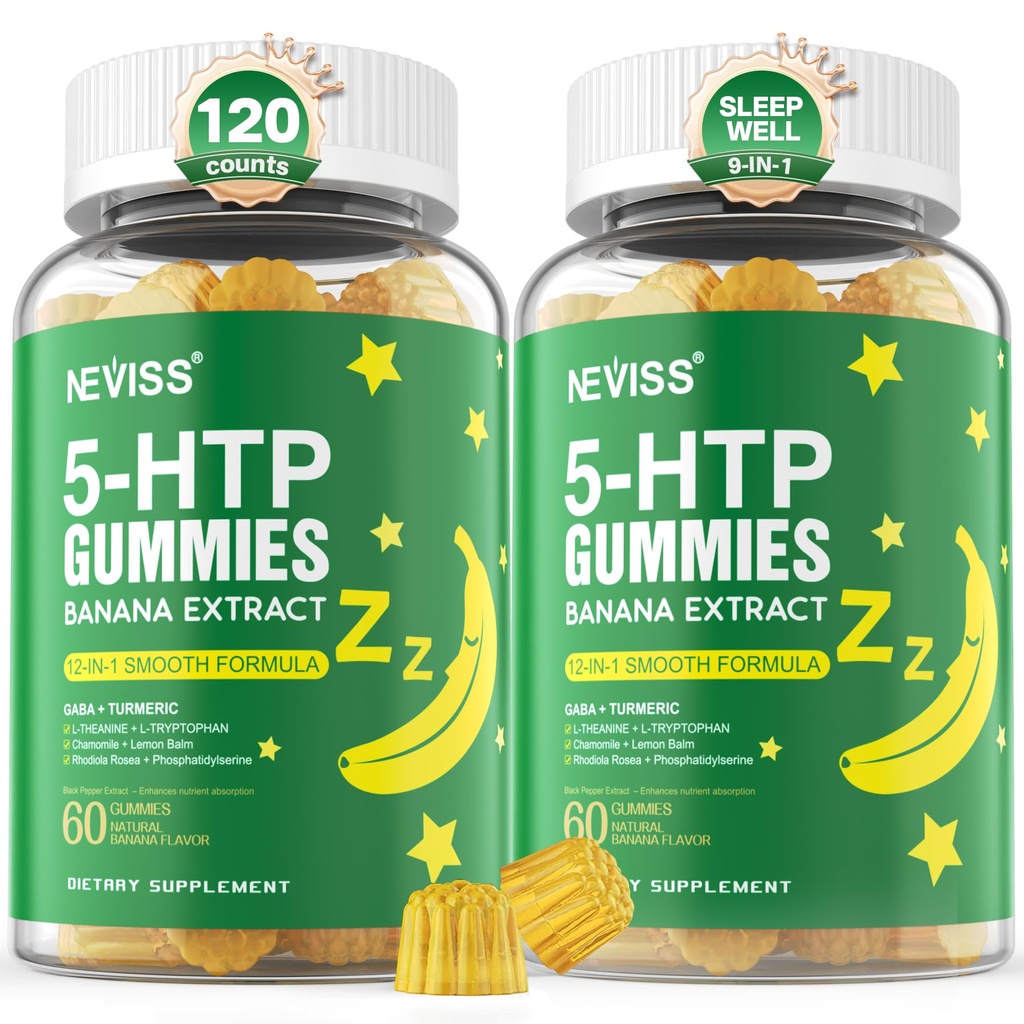 5-HTP Gumiji + GABA - Melatonin Free - Relaksacija Gumiji z izvlečkom banane, L-teanin, L-Triptofan, vitamin D3 za zdravi počitek cikel & cirkadianski ritem, delovanje možganov in mišična sprostitev, pakiranje po 2