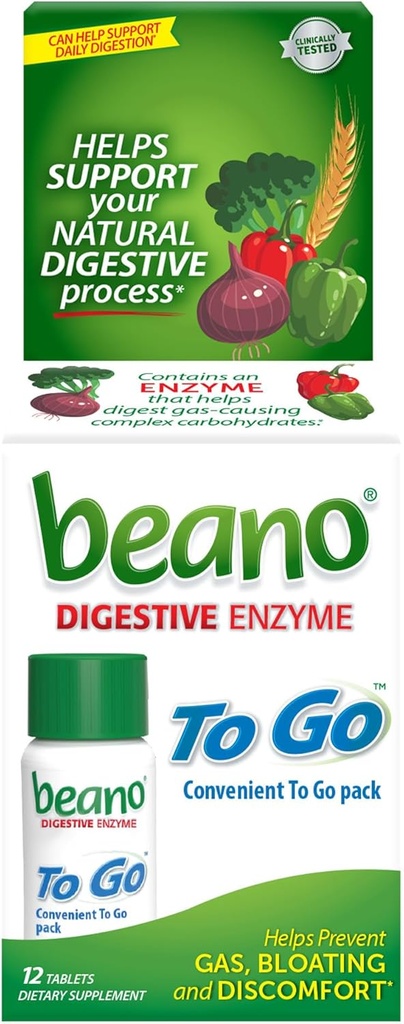 beano To Go Preventiva plina, prehranska encima prehranska dopolnila, pomoč Prebavna hrana, ki povzroča plin, 12 tablet