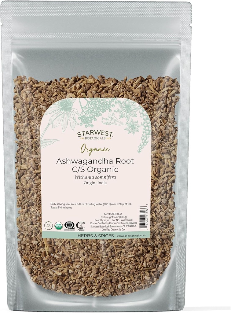 Starwest Botanicals Organic Ashwagandha Root za ženske in moške - posušen zelišče za čaj, kapsule, & naravne zeliščne mešanice, cut & Sifted, Certified Kosher, Non-GMO - 4 oz Pouch