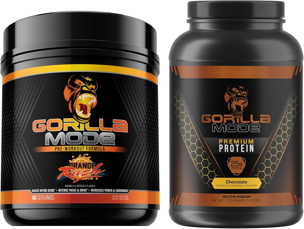 Gorilla Mind Pre Workout (Orange Rush) + Premium Whey Protein (Chocolate) - Celovit sklop za gorivo maksimalni rezultati