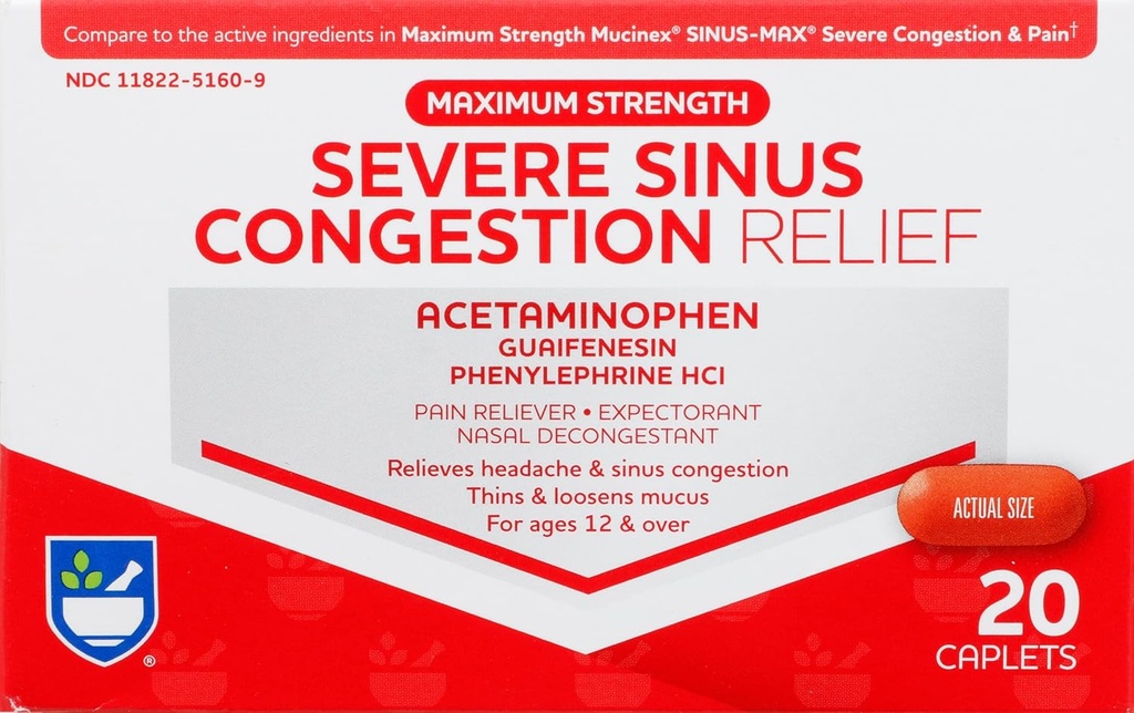 Rite Aid Hude Sinus Medicine in Nasal Dekongestiv, Največja moč - 20 Kapleti 