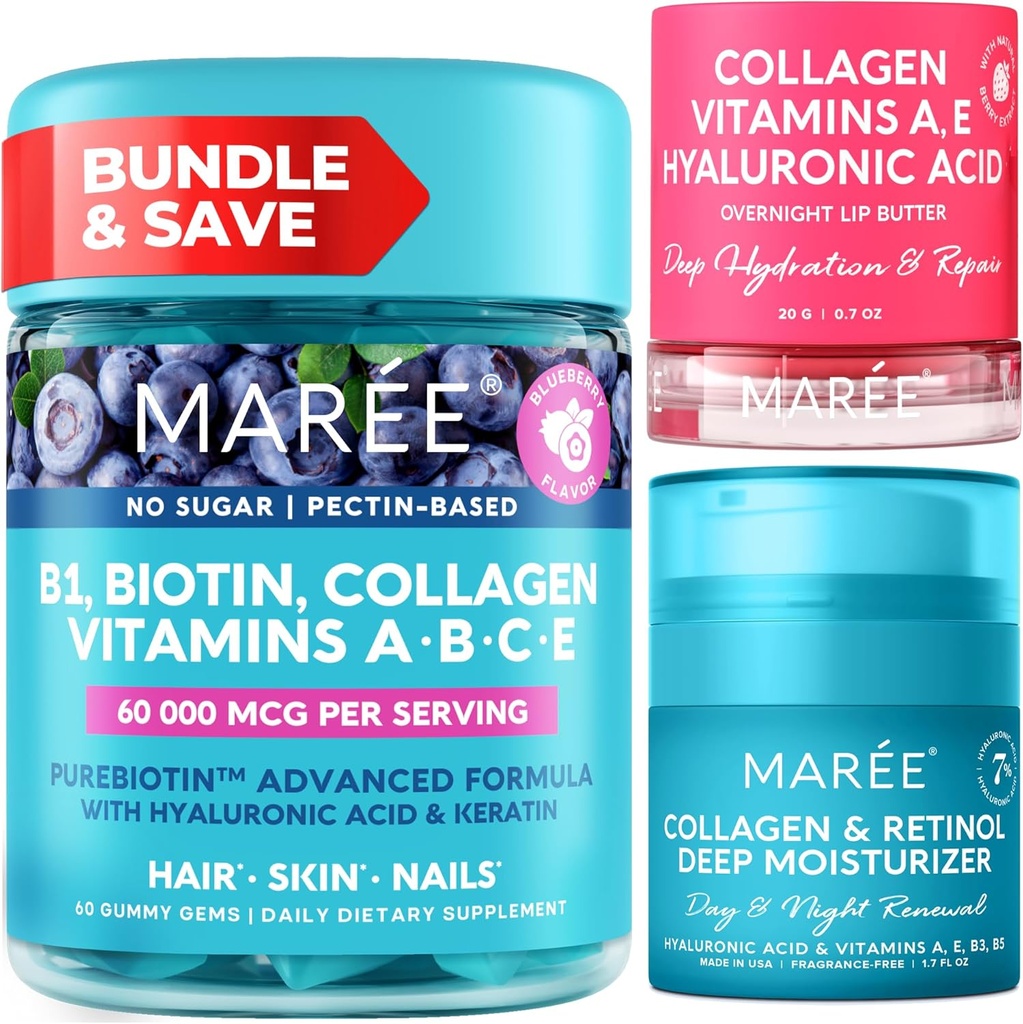 MAREE Bundle - Vitamin B1 Tiamin Gumies, Lip Mask, vlažilni obraz - A, E, D, C Vitamini - Kolagen & Hialuronska kislina, Retinol- kompleks za kožo, nohti, lase - Maska za suhe ustnice - proti staranju krema