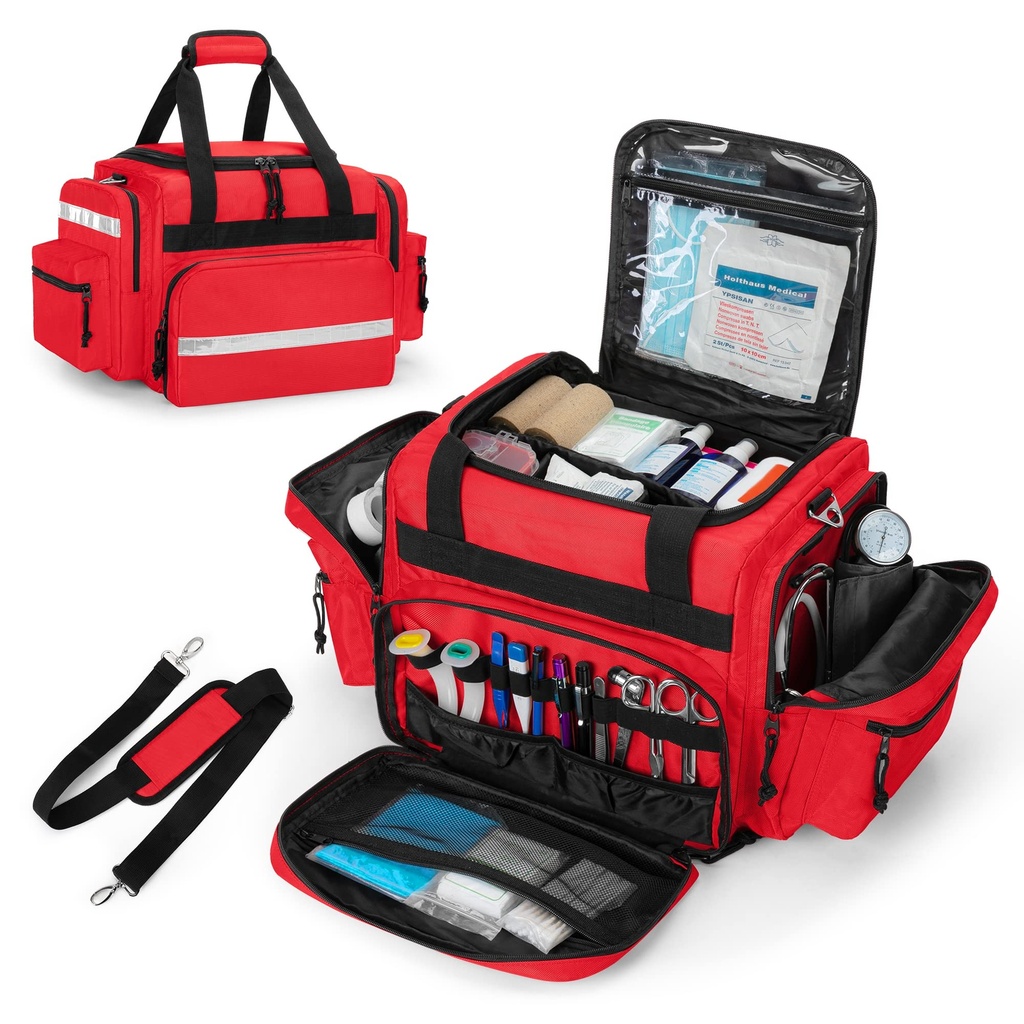 Damero Professional Medical Bag Prazna, Prvi odzivnik Trauma Bag s snemljivimi Diverderji za domačo zdravstveno oskrbo, EMT, EMS, Red (samo Bag)