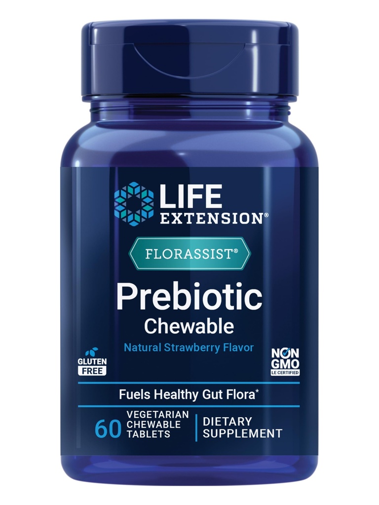 Life Extension FLORASSIST® Prebiotični žvečljivi (Strawberry), 1000 mg ksilooligosaharidi, prebiotični dodatek zagotavlja gorivo za gut Flora, Gluten-free, Non-GMO, Vegetarian, 60 žvečljivih tablet