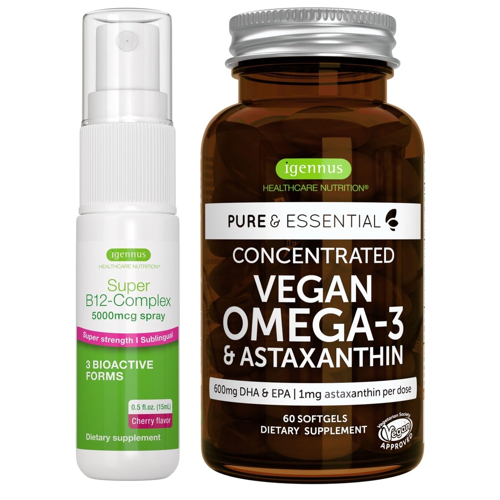 Vegansko olje Omega-3 Algae + Super B12-kompleks 5000mcg Vegan Bundle, visoka koncentracija DHA & EPA + visoka jakost B12 Cherry Flavor Podjezični Spray, by Igennus