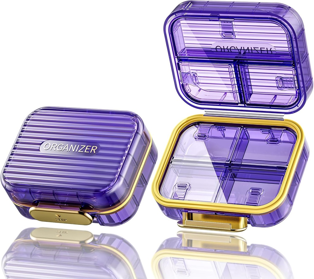 Aceda majhne tablete Box, potovalne tablete Organizator, Compact 7-Compartment Vlažno odporne tablete Zabojnik za torbice, Chic Daily tablet Container, Prenosna medicina in vitamin imetnik za ribje olje in dodatki, Purple