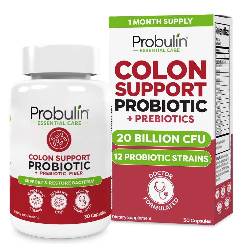 Probulinski Colon Support Probiotic Supplement, Daily Gut, Digestive, in Imuno Health Probiotics Kapsule za moške in ženske, 20 milijard CFU, Vegan, 30 Count Steklenica