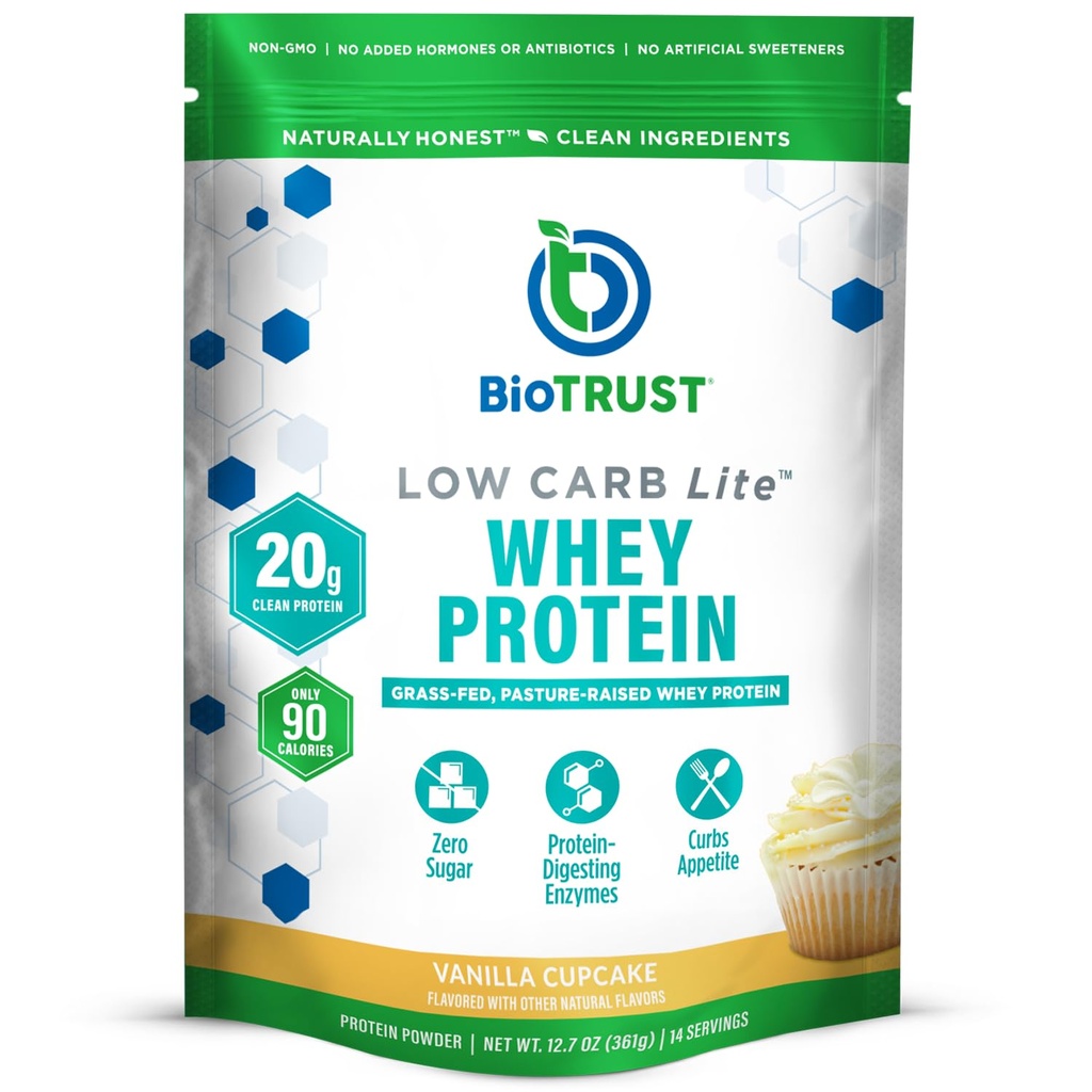 Biotrust Low Carb Lite, 20 Gram sirotkinega izolata, 100 kalorij, ProHydrolase Digestive Enzymes, Non-GMO, brez soje in glutena, rBGH-free (14 servingov) (Vanilla Cupcake)