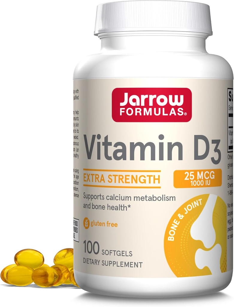 Jarrow Formule Vitamin D3 25 μg, prehranska dopolnila, kosti in sklepi, Podpora za imuno zdravje in kalcijevo presnovo, 100 kapsul, 100 dnevna zaloga