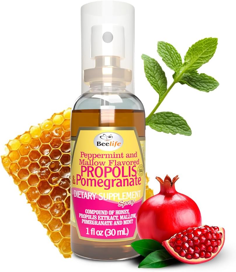 Beelife Propolis Pršilo za grlo – Pomirjujoč med, Mint & Granatna - Naravna imunost podporo & Relief za grlo - Antioksidanti, bogata z Flavonoidi & Artepillin C, Brez sladkorja, Gluten-free, 1-Pack, 30ml