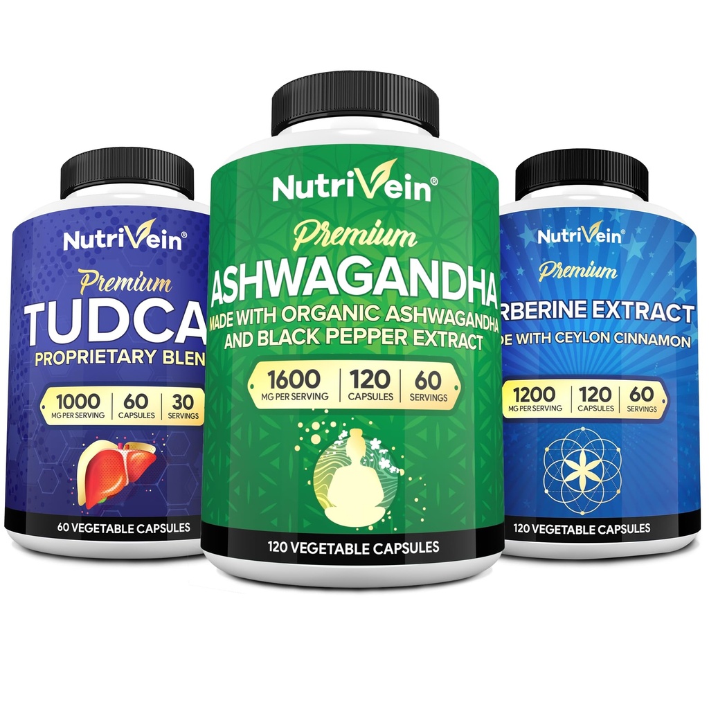 Nutrivein Premium TUDCA, Berberine Supplements, and Ashwagandha Supplements Bundle: High-Absorption Berberine Complex, Ashwagandha Root Extract, & TUDCA for Detox, Vitality & Well-Being