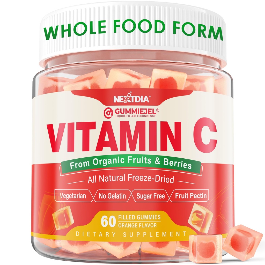 Organski vitamin C Gumies 120mg za odrasle, brez sladkorja, dnevno imunske zaščite, surovi antioksidant, 100% polno živil žvečljivi vitamin C dodatek iz 1200mg jagode in sadje za kolagen, Vegan, 60 Counts
