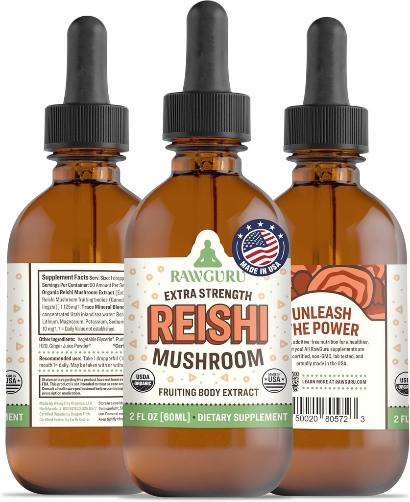 RawGuru Organic Reishi Gobe Tinktura - Reishi Gobe Extract z naravnimi minerali trace - Nano-procesirana Kognitivna in Imunska podpora dodatek - 60 Servis veganskih kapljic na 60 ml, Pakiranje po 1