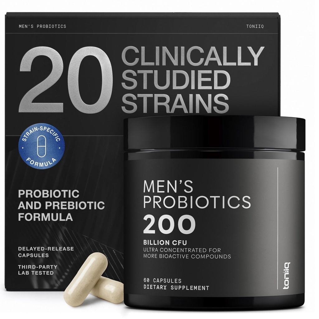 Toniiq Mens Probiotic z 20 Preverjeni sevi – 200 Bilion CFU + 200mg FOS Prebiotik – Mens Probiotics za zdravje Gut - Cold-Chain & Zapozneli-Release – Lab-Tested Sybiotic Formula
