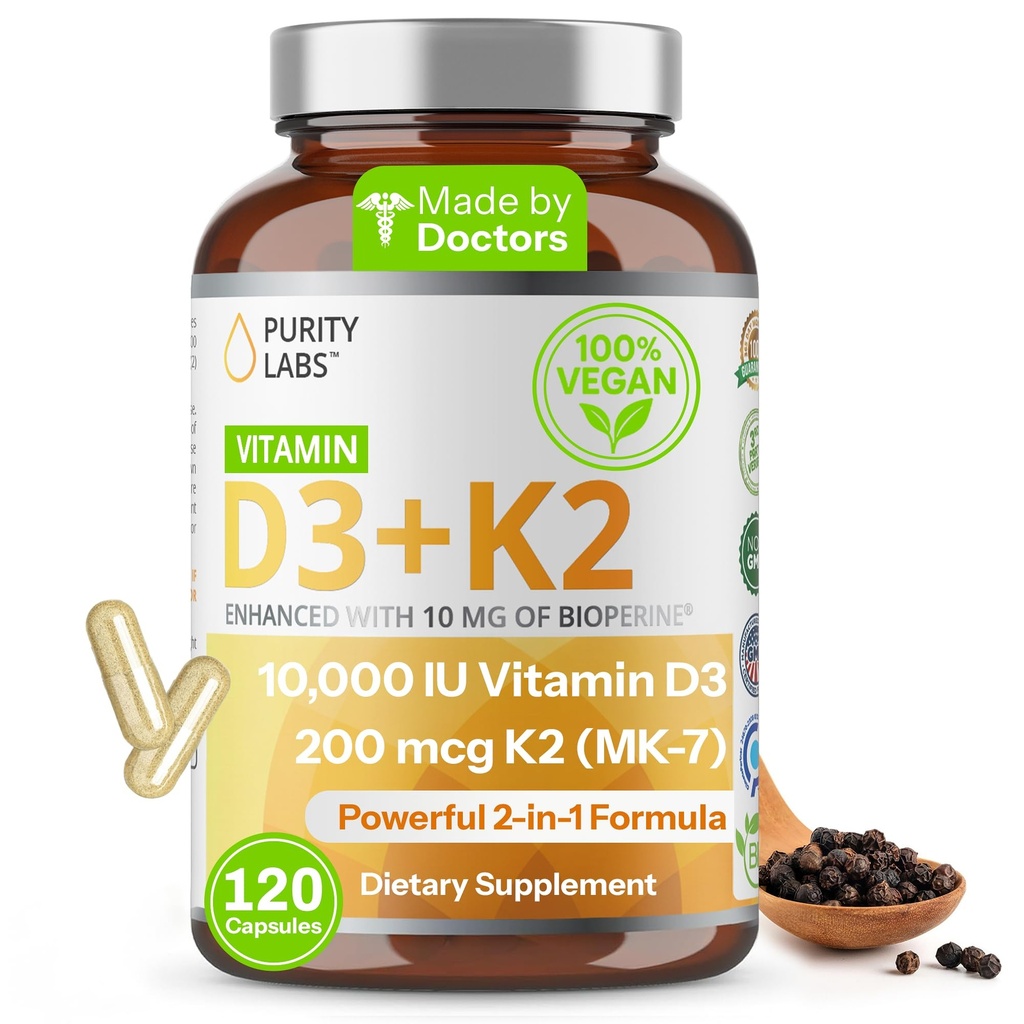 Vitamin D3 K2 10000 i.e., (250mcg) D3 + 200mcg K2 MK7 - Imunska podpora dopolnilo z bioperinom - dodatki za dnevno obrambo, kosti, mišice in kožo - 120 kapsul