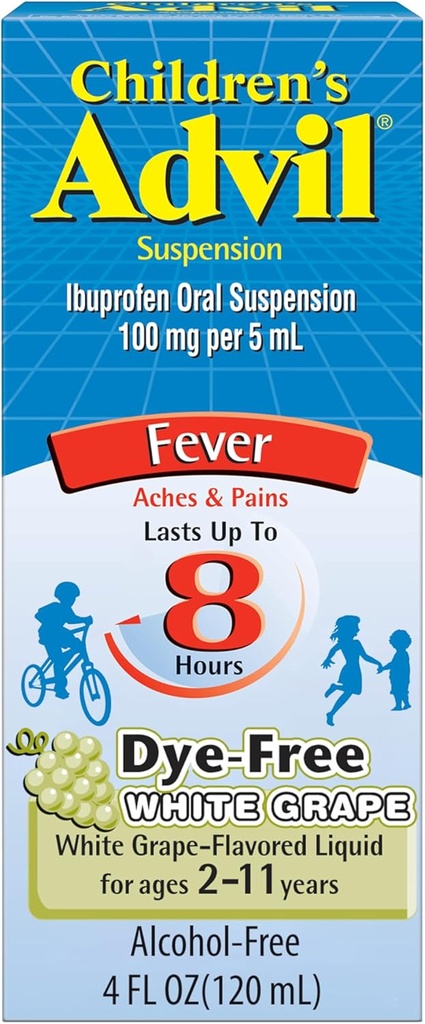 Otroški Advil Pain Reliever in Fever Reducer, Barvilo brez otrok ibuprofen za lajšanje bolečine, Tekoči ibuprofen za otroke, Belo grozdje - 4 Fl Oz