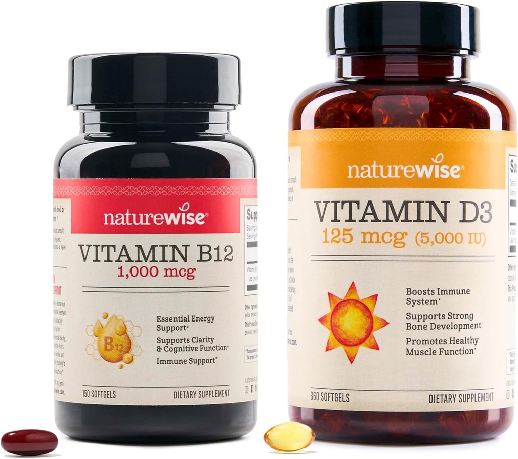 NatureWise Vitamin B12 1.000 mcg 150 Softgels & Vitamin D3 5000iu 360 Mini softgels for Energy, Duševna jasnost, Podpora kosti in mišic
