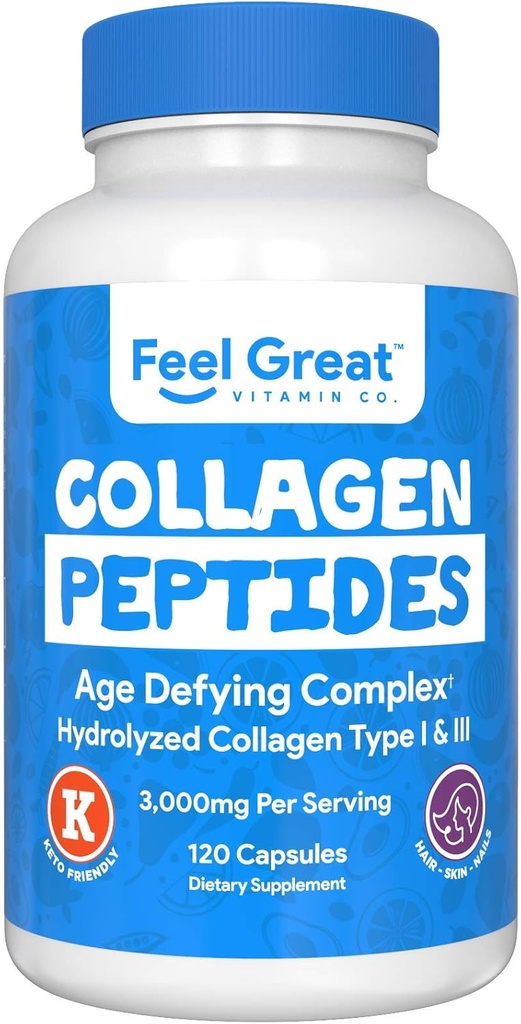 Hidroliziran kolagen peptidi v prahu kapsule (tip I & III) po Feel Great Vitamin Co. 