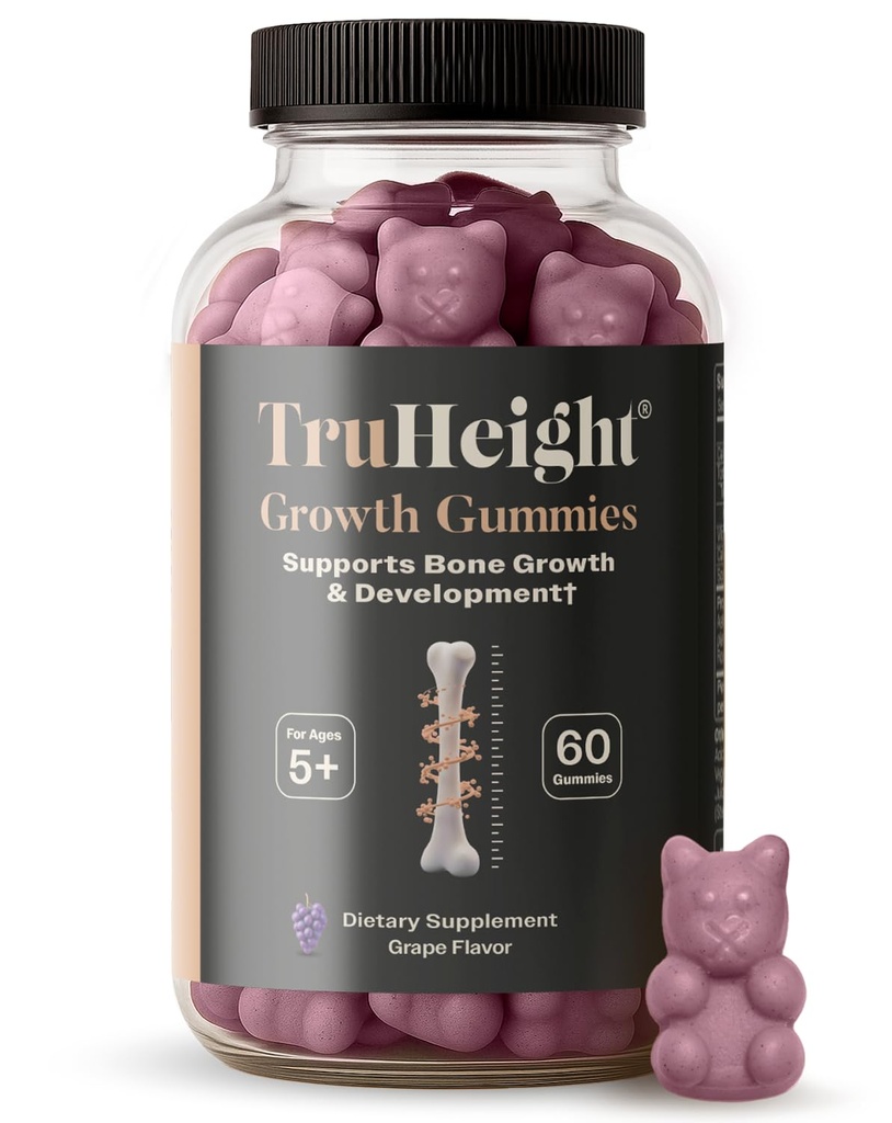 TruHeight Growth Gummies (Grape) Naravna rast in razvoj dodatek za otroke in najstnike - Vitamin D, K, Kalcij & Ashwagandha - Vitamini moči kosti D3 K2 - Picky Eater Vitamin za otroke - Starost 5+