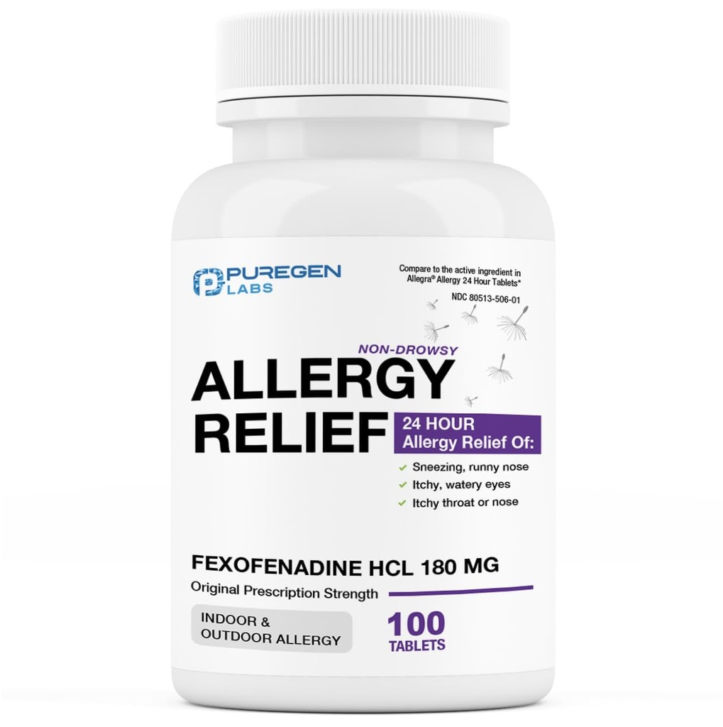 Puregen Labs Alergija Relief, Fexofenadine 180mg, 100 Tablets – 24 ur ne-Drowsy Antihistaminik Alergija Medicine za runny nos, Sneesing, Srbeče, Watery oči - Izdelano v ZDA