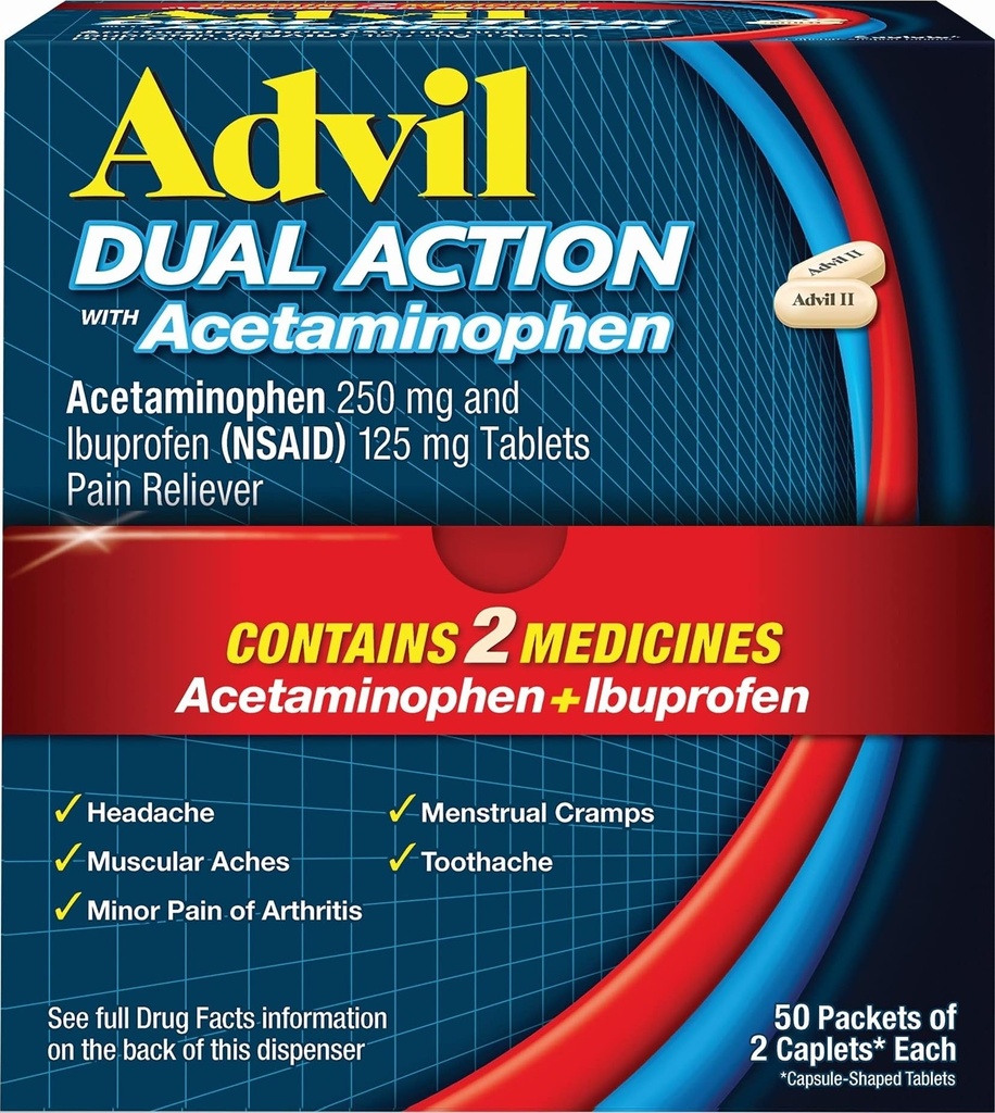 Advil Dual Action Obložene kapele z acetataminofenom, 250 Mg Ibuprofen in 500 Mg acetataminofena na odmerek (2 ekvivalenta odmerka) za 8 urno lajšanje bolečine - 2 števca x 50