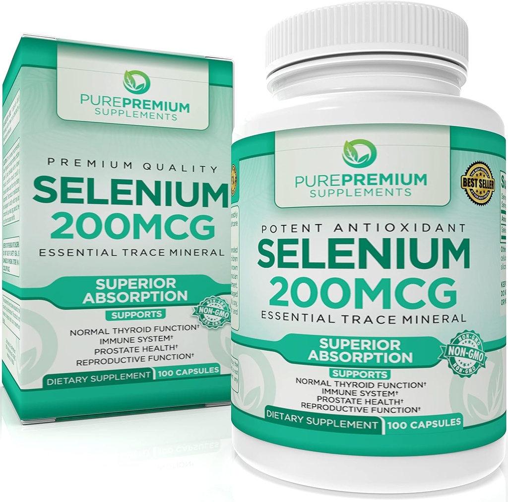 PurePremium Selen 200mcg Supplement - L Selenometionin Essential Mineral - Dnevna podpora za normalno ščitnico, imunski sistem.