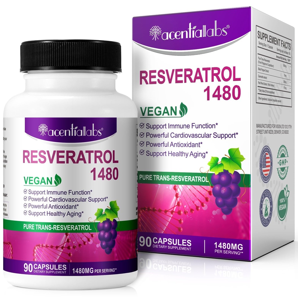 100% naravni resveratrol - 1480mg na serviranje, 90 Veggie kapsule, 99% čisti trans-resveratrol, antioksidant za zdravo staranje, podpora možgani in srce