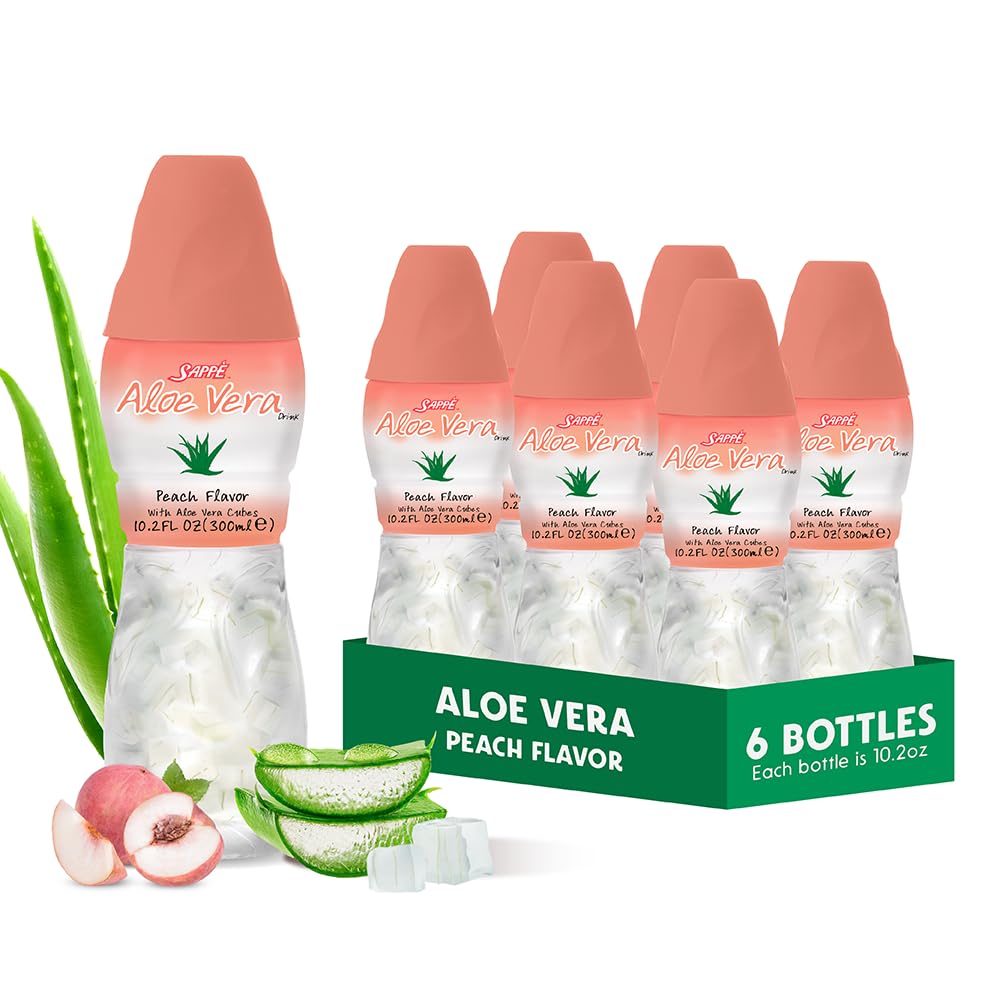 Aloe vera sok (Peach z okusom) z večjo kosmičasto čisto alojno pulpo (6 paketov) Rastlinski sok je odličen za hidracijo in vsebuje veliko alojo. Zdrav je za odrasle in otroke.