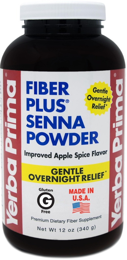 Yerba Prima Fiber Plus Senna Powder, 12 oz (Pack of 1) - Jabolčna začimba aroma, nežna čez noč Relief, ZDA Made, Non-GMO, Stevia sladkana, kratkotrajna uporaba za obnovitev rednosti