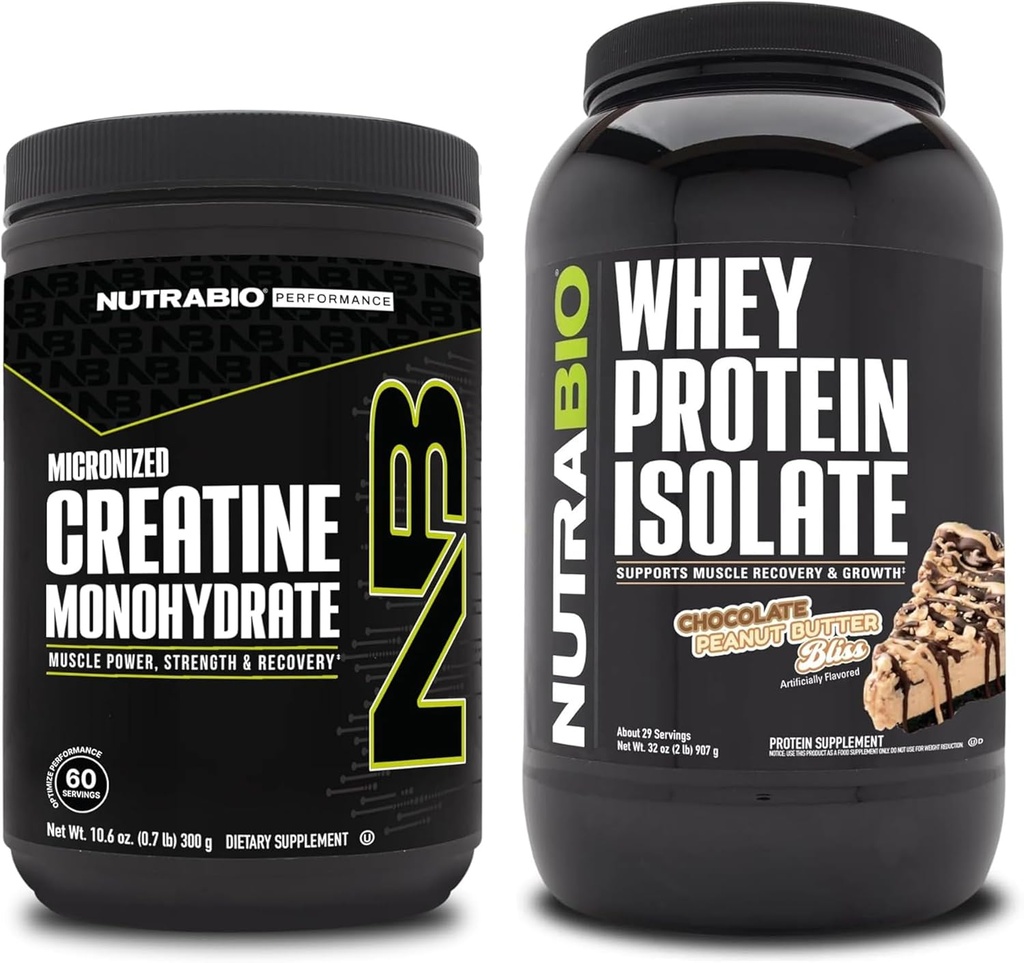 NutraBio Kreatin Monohidrat, nearomatiziran, 300g in sirotkin izolat beljakovin, čokoladno arašidovo maslo, dopolnilo - mišična energija, rast, okrevanje in moč