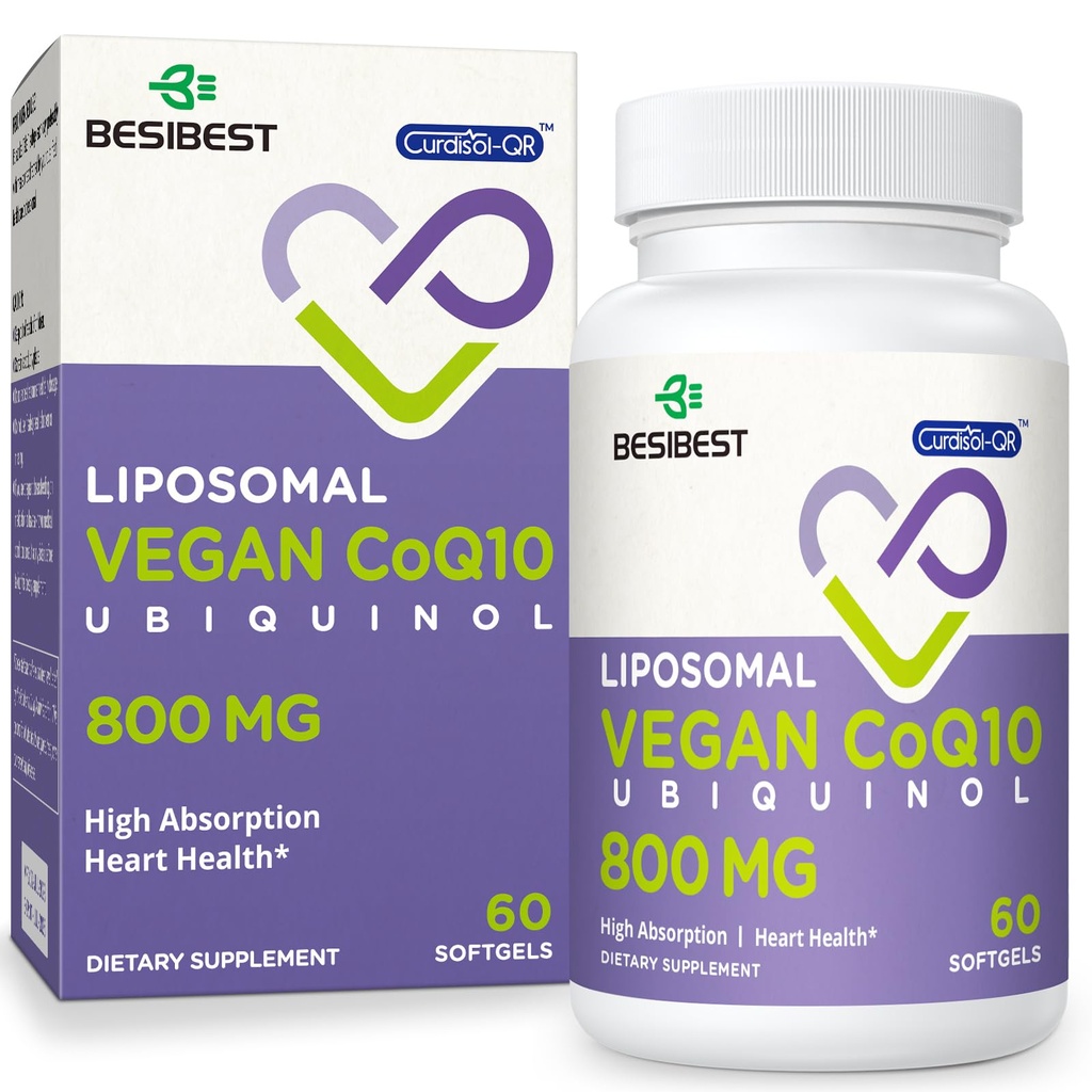 Liposomski Ubikinol CoQ10 800 MG Softgel, visoka absorpcija CoQ10 Ubikinol dodatek, aktivni koencim Q10 800mg, močan antioksidant za delovanje srca in možganov, proizvodnja energije, 60 Vegan softgels