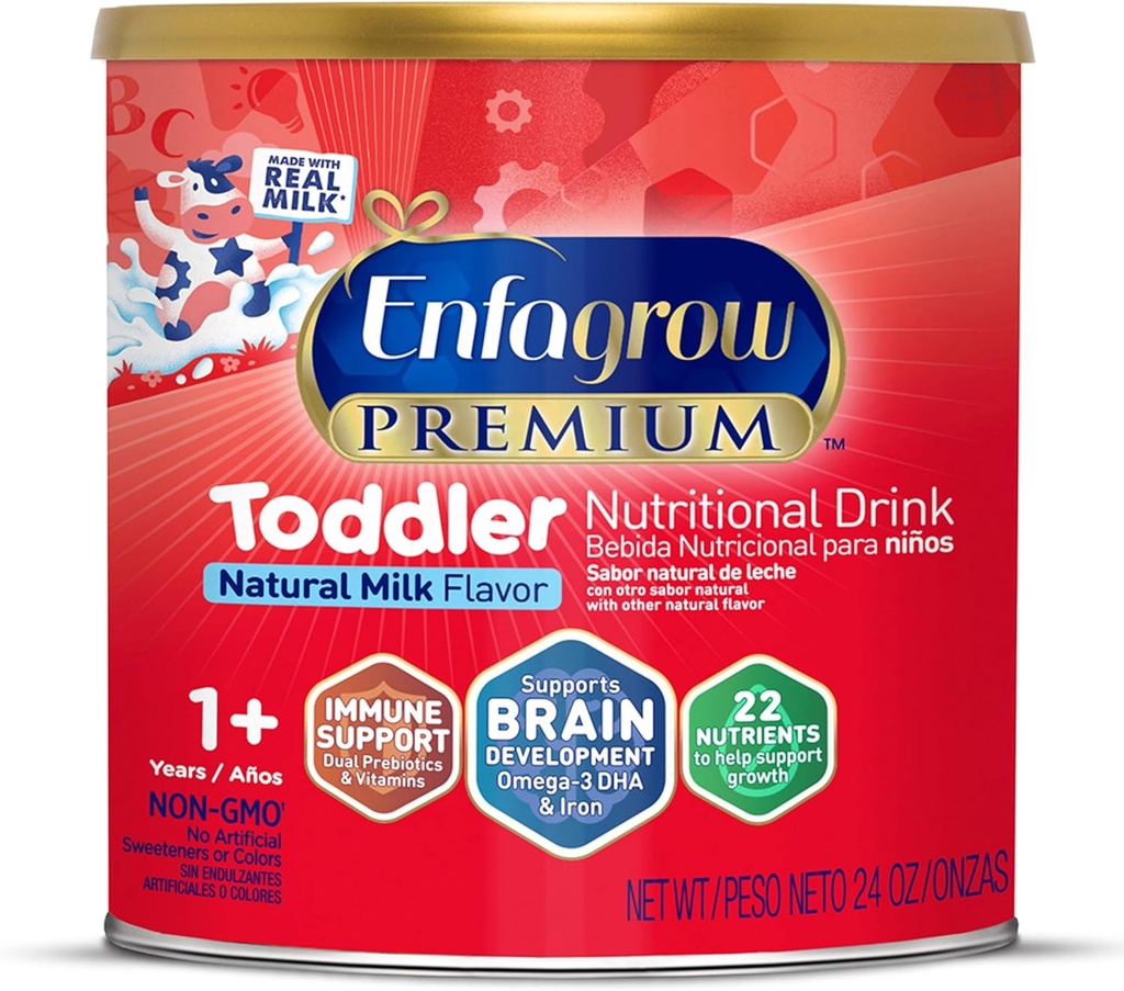 Enfagrow PREMIUM Toddler Nutritional Drink, izdelan s pravim mlekom, Brain-Building Omega-3 DHA, Nutrients in Prebiotics za rast in imunske podpore, Non-GMO, Toddler Mleko v prahu, 24 Oz Can
