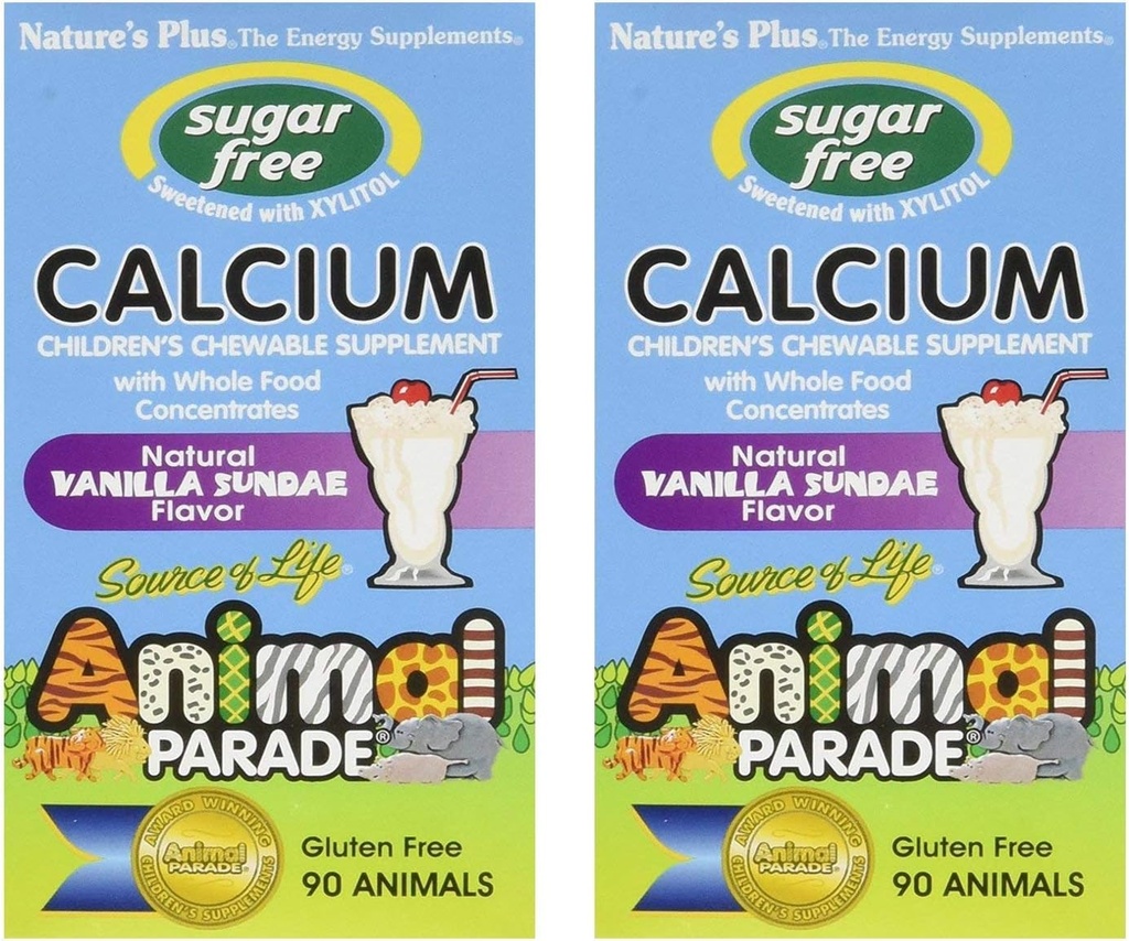 NaturesPlus živalske parade brez sladkorja za otroke kalcij, vanilija Sundae arome - 90 žvečljive živalske oblike tablete, pakiranje 2 - magnezij za zdravje kosti - Gluten brezplačno - 90 sluge