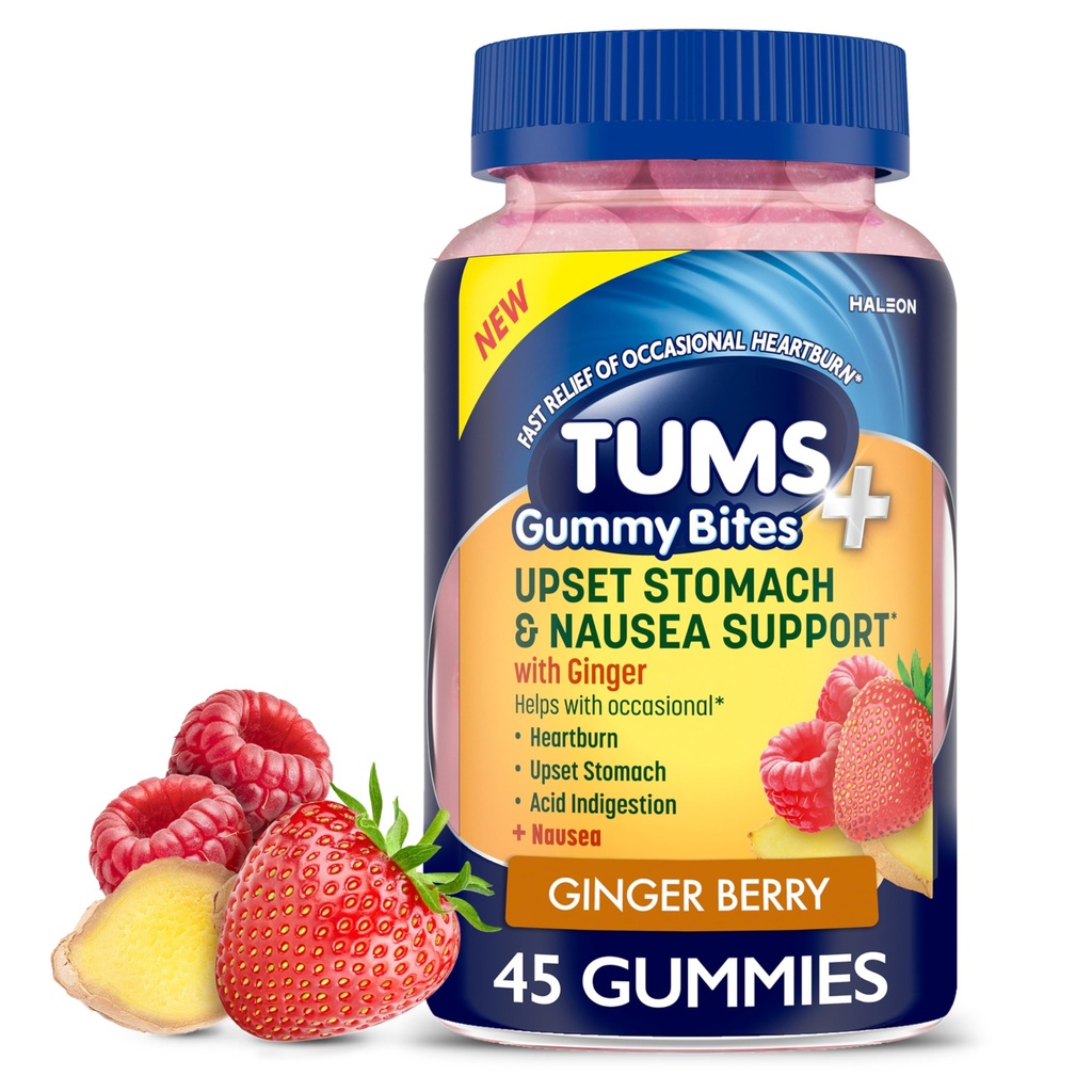 TUMS Plus upset želodec & slabost podpora, prehranska dopolnila, Ginger Berry - 45 Count