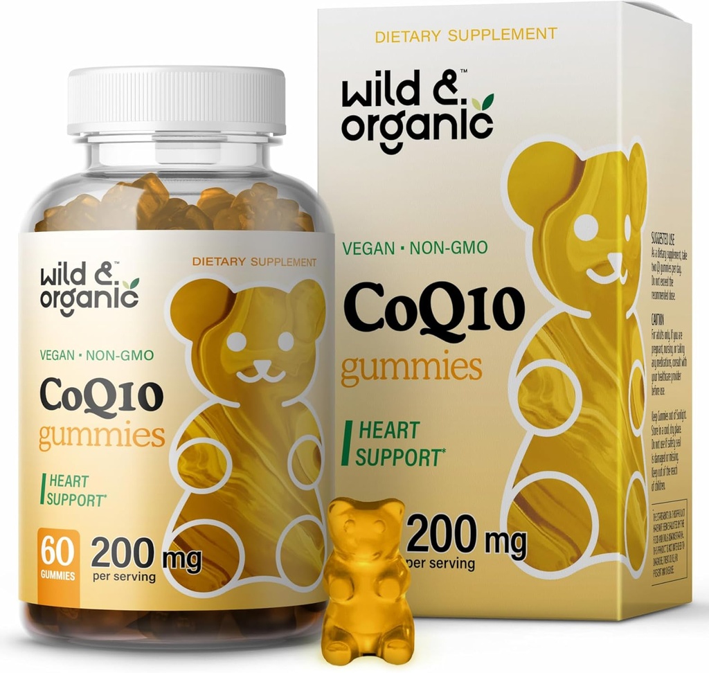 Wild & Organic CoQ10 Gumies - Vegan CoQ10 200mg Antioksidant dodatek z Ubikinon - Naravna energija in fokus Gumies s koencim Q10-60 Non-GMO pektin žvečilni